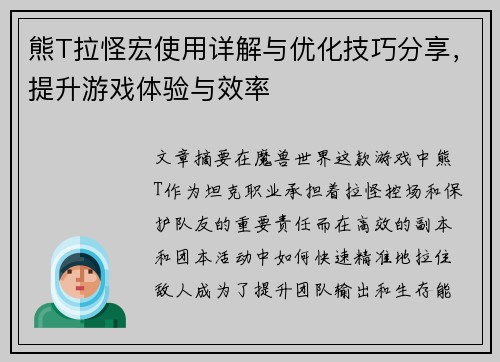 熊T拉怪宏使用详解与优化技巧分享，提升游戏体验与效率